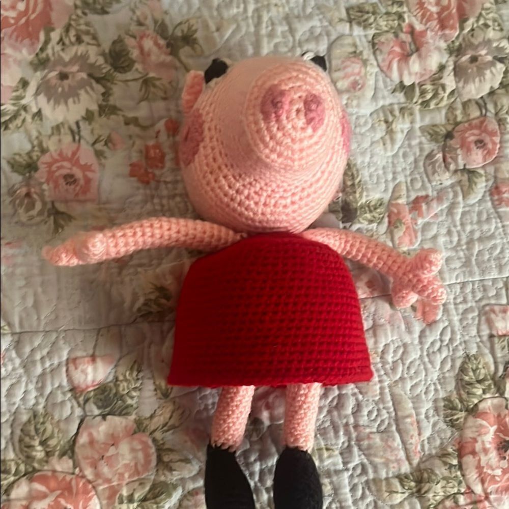 Crocheted Pig Plush Toy in Red Dress